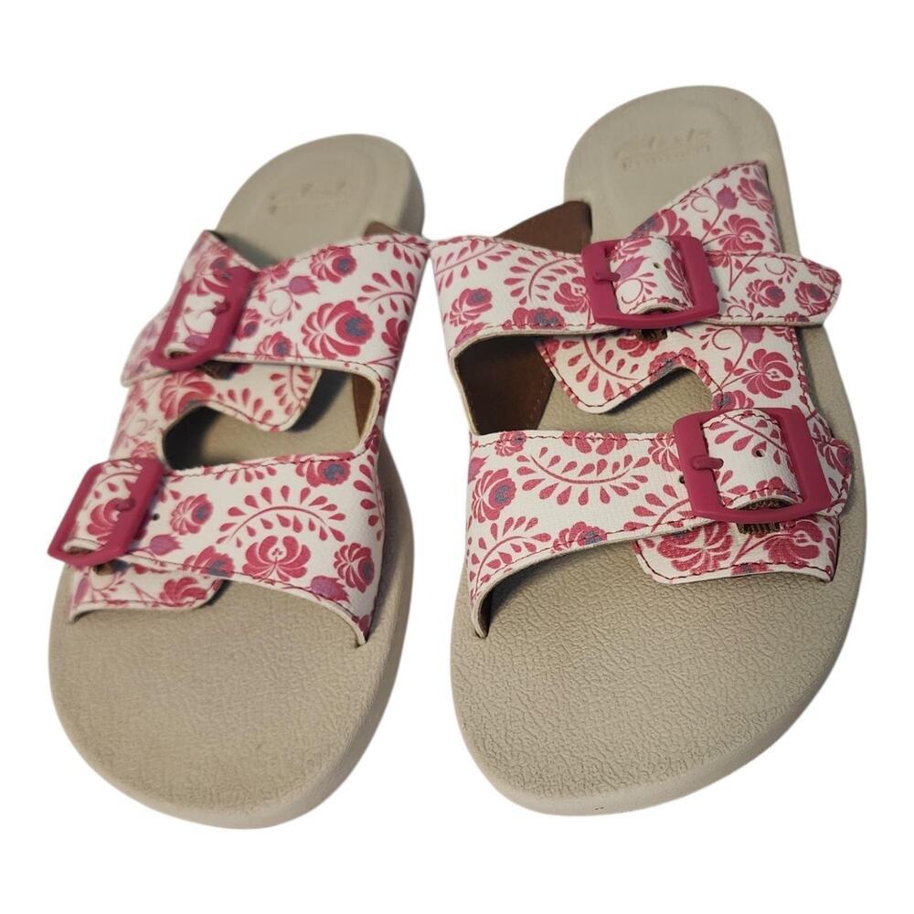 NEW Clarks Paylor Myra Sandals Women Sz 7 Pink Floral Buckle Slides Comfort